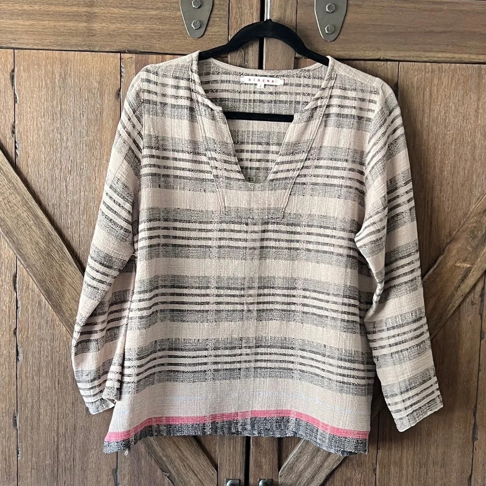 XiRENA Beige & Black Striped Linen Blend V-Neck Blouse with Pink Hem